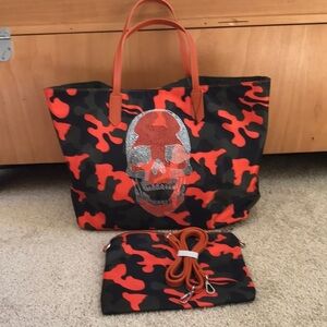 AH-DORNED skull rhinestone camo nylon large tote